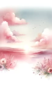 A dreamy pastel pink sunset with soft clouds and delicate floral illustrations at the bottom, creating a serene scene for an iPhone wallpaper.