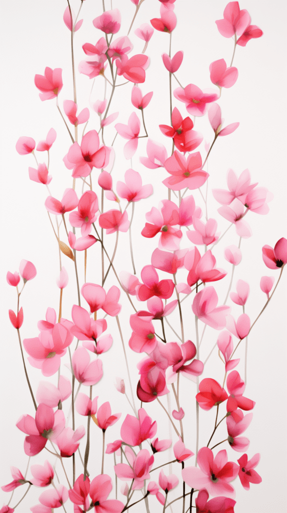 A neat and orderly display of dainty pink flowers against a stark white background, perfect as a subtle yet colorful iPhone wallpaper or phone background.