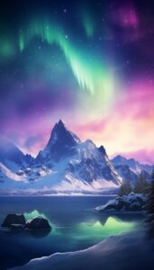 Vibrant aurora borealis colors streak across the night sky above a snowy mountain peak with a reflection in the lake, designed for iPhone wallpaper.