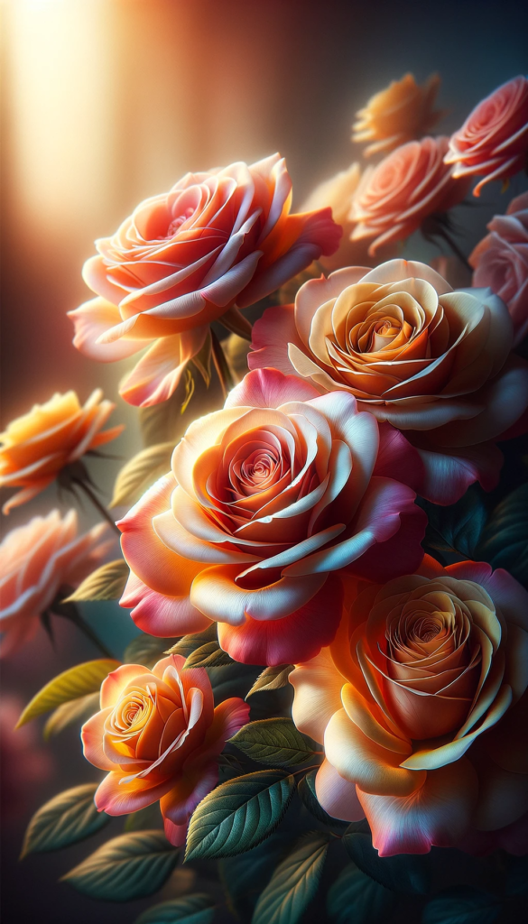 A cluster of vibrant, full-bloom roses with rich shades of orange and pink, set against a soft, illuminated backdrop, optimized as an iPhone wallpaper or phone background.