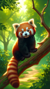 A red panda sitting on a tree branch with lush greenery in the background, ideal for iPhone wallpaper or phone background.