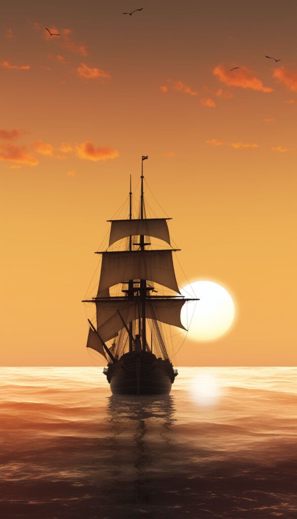 A tall ship sails on calm waters with the sun setting in the background, creating a silhouette effect for an iPhone wallpaper.