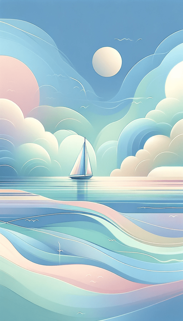 Stylized illustration of a sailboat on calm waters under pastel clouds, designed as a peaceful iPhone wallpaper or phone background.