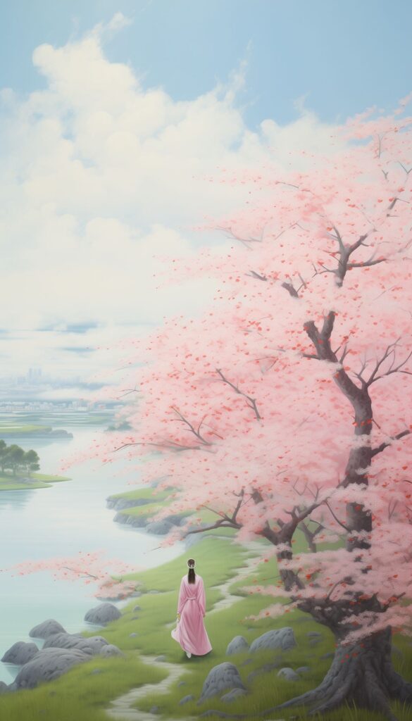 A peaceful scene with a figure in a pink robe walking under cherry blossom trees in full bloom, alongside a calm river, for an iPhone wallpaper.