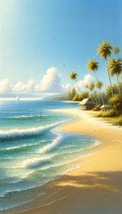 A scenic beach wallpaper for iPhone showing a tranquil shore with gentle waves, palm trees, a hut, and a distant sailboat.