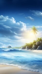 An iPhone wallpaper depicting a tranquil beach scene with waves, palm trees, and a sunrise in the background.