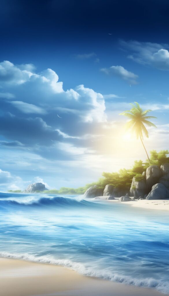 An iPhone wallpaper depicting a tranquil beach scene with waves, palm trees, and a sunrise in the background.