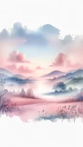 Watercolor illustration of a peaceful sunrise over a calm lake with distant hills, in soft pastel colors, ideal for iPhone wallpaper.