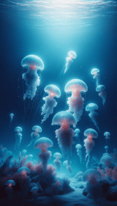 A group of jellyfish with translucent, glowing bodies and trailing tentacles, swimming in a deep blue ocean, illuminated by sunlight from above, suitable as an iPhone wallpaper or phone background.