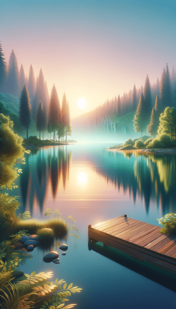 A serene lake reflects the soft pastel colors of sunrise, with a wooden dock in the foreground and a backdrop of gentle hills and evergreen trees, perfect for an iPhone wallpaper or phone background.