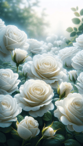 A portrait-oriented iPhone wallpaper featuring a photo-realistic array of white roses with dew drops, surrounded by soft green foliage.