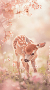 A young fawn stands among pink spring blossoms and green grass in a tranquil setting, ideal for an iPhone wallpaper or phone background.