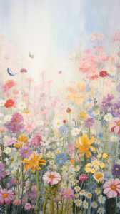 A colorful painting of a spring flower garden with various blooming flowers and butterflies for iPhone wallpaper.