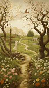 A digital painting of a person in a white dress and hat standing at a fork in a garden path, with flowering trees, a variety of flowers, and a farmhouse in the background.