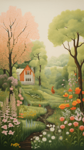 An iPhone wallpaper featuring a picturesque spring garden with a variety of blooming flowers in the foreground and a quaint cottage surrounded by lush trees in the background.