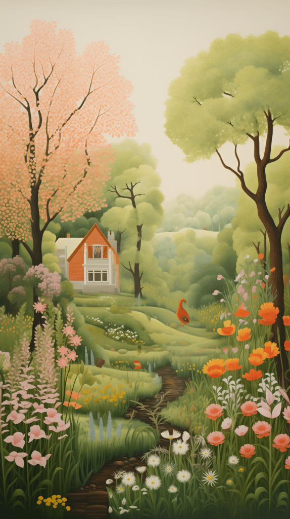 An iPhone wallpaper featuring a picturesque spring garden with a variety of blooming flowers in the foreground and a quaint cottage surrounded by lush trees in the background.