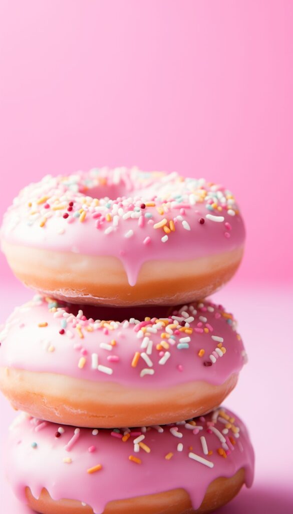 Three pink frosted donuts with multicolored sprinkles stacked against a pastel pink background, as iPhone wallpaper.