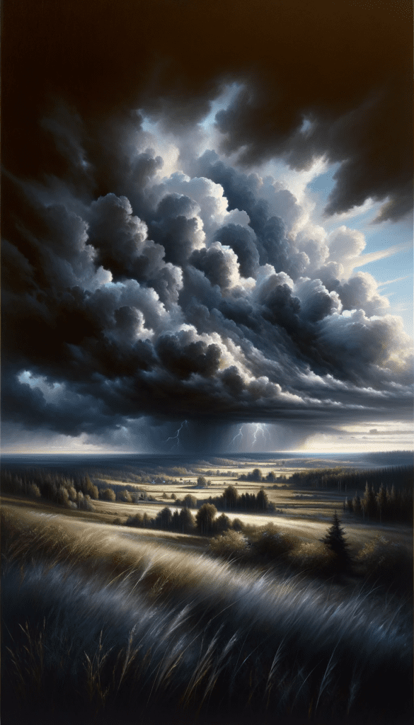 A dramatic landscape with dark, billowing storm clouds and lightning strikes over a peaceful countryside, perfect for an iPhone wallpaper or phone background.