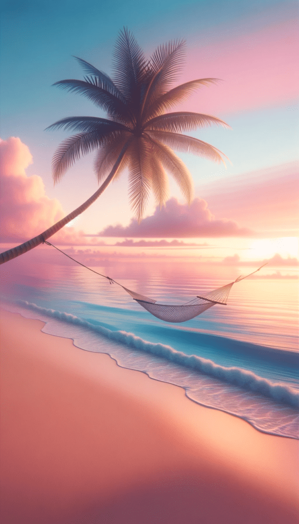 A hammock tied between two palm trees on a serene beach with a pastel sunset sky reflecting on calm waters, perfect for an iPhone wallpaper.