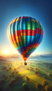 A colorful hot air balloon floats in a clear blue sky over a sunlit landscape with patchwork fields. The balloon, with its vibrant red, blue, green, and yellow panels, stands out against the dawn sky. Below, the golden light of sunrise casts long shadows over the green countryside, creating a peaceful yet invigorating scene for an iPhone wallpaper or phone background.