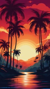 Silhouette of a palm tree against a sunset on a tropical beach, designed as an iPhone wallpaper.