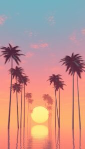 Retro-styled iPhone wallpaper with pastel-colored sunset and palm tree reflections on water.