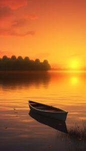 A single canoe on a peaceful lake at sunset with radiant orange skies reflected in the calm water, perfect for an iPhone wallpaper or serene phone background.