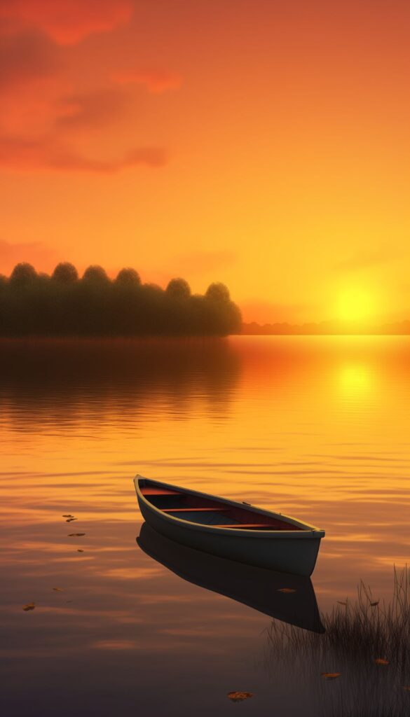 A single canoe on a peaceful lake at sunset with radiant orange skies reflected in the calm water, perfect for an iPhone wallpaper or serene phone background.