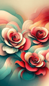 Abstract, stylized roses with layered swirls in a range of red, pink, and blue hues on a phone wallpaper.