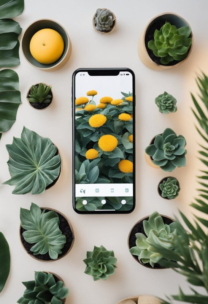 A phone with customizable wallpaper options, displaying various mood-boosting images, surrounded by calming decor and plants