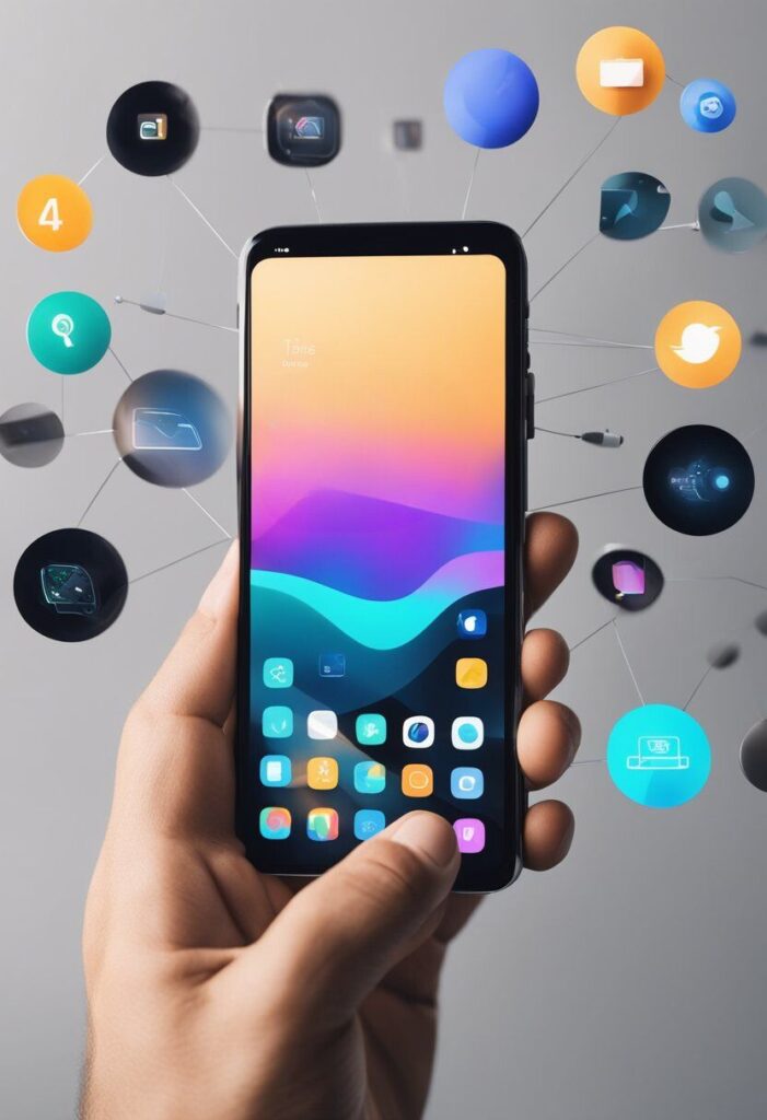 A hand holding a phone with customization tools floating around it, creating a perfectly curated aesthetic theme