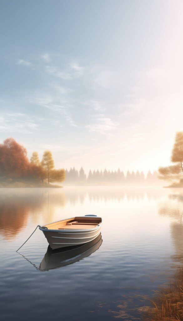 Photo-realistic image of a lone boat on a calm lake with the gentle hues of dawn in the background, suitable as an iPhone wallpaper.