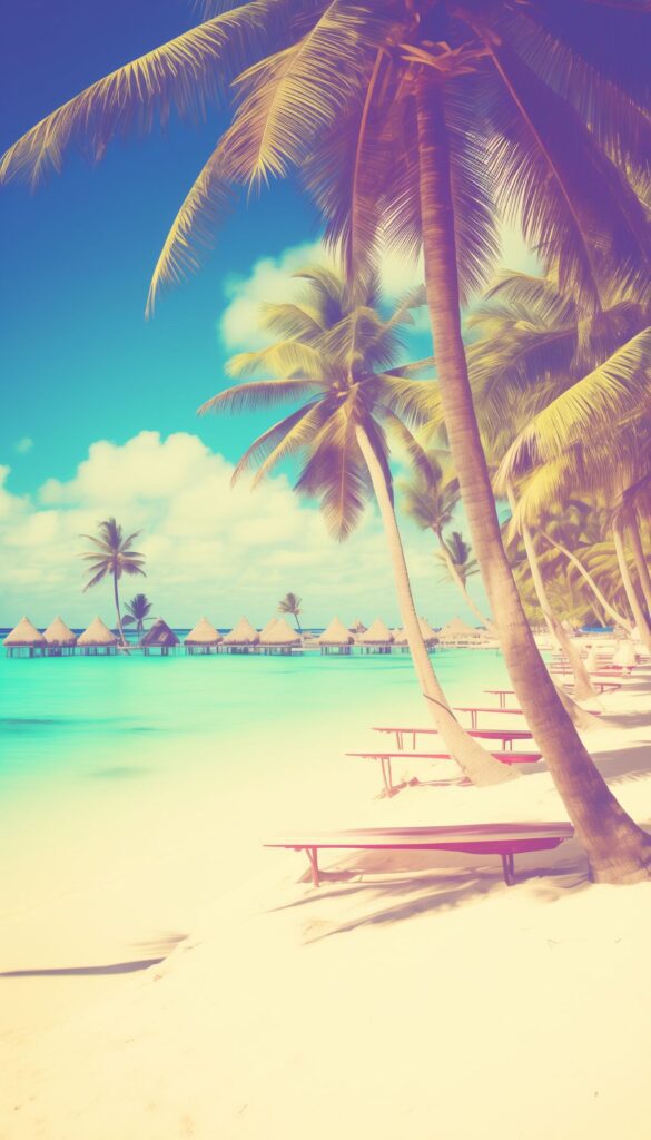 iPhone wallpaper of a serene beach scene with palm trees and overwater bungalows under a clear blue sky.