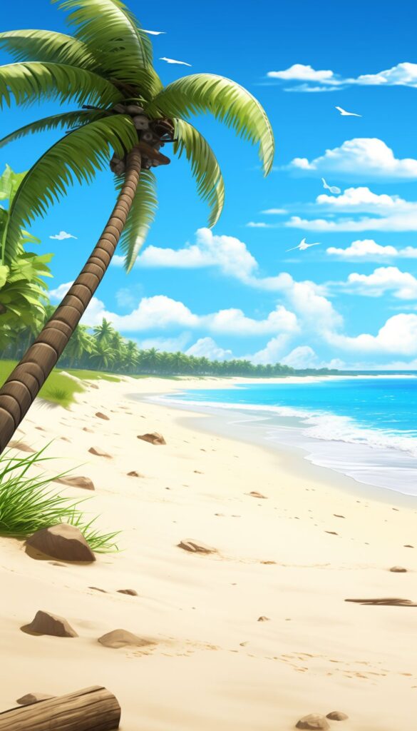 A vibrant iPhone wallpaper depicting a tropical beach with palm trees, blue skies, and the ocean.