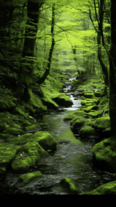 A serene forest stream with moss-covered rocks and rich green foliage, ideal for an iPhone wallpaper or phone background.