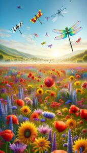 A colorful field of flowers with dragonflies fluttering above, designed for iPhone wallpaper.