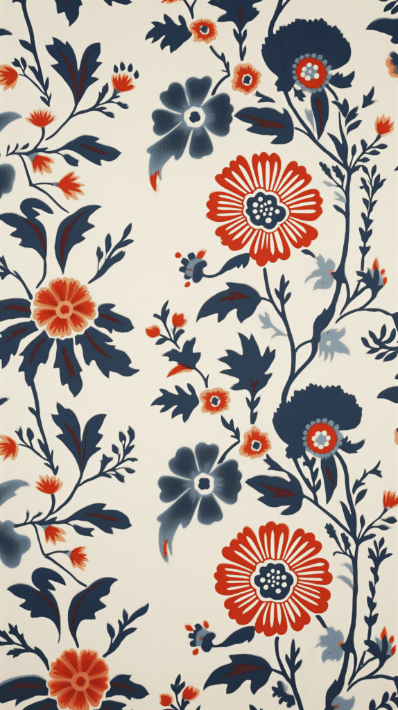 iPhone wallpaper showcasing a vintage floral tapestry design with red and blue flowers on a cream background.