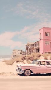 Vintage pink car parked by the beach with pastel buildings and palm trees in the background, as a stylish iPhone wallpaper.