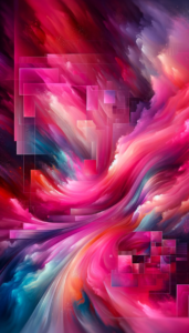 Abstract swirls of hot pink, blue, and orange blend into each other, overlaid with geometric shapes, creating a dynamic and colorful iPhone wallpaper suitable for a lock screen or phone background.