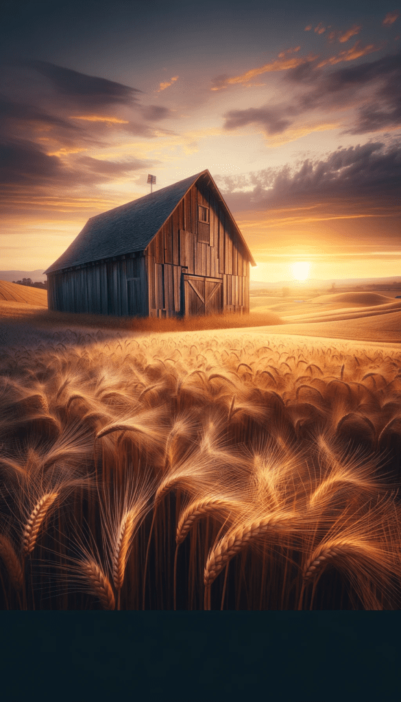 Rustic wooden barn with weathered slats overlooking a field of golden wheat under a vibrant sunset sky, ideal for iPhone wallpaper or phone background.