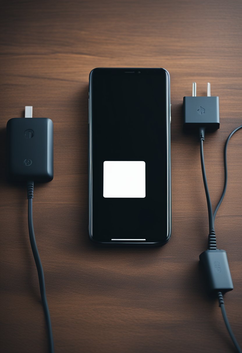 A phone with a dark wallpaper sits on a table. The battery icon on the screen shows a full charge. A plug is nearby, but the phone is not connected to it