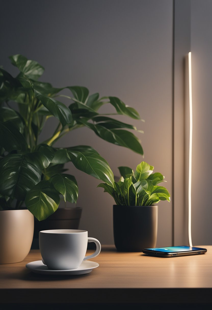 A smartphone with a dark wallpaper sits on a table next to a charging cable and a potted plant. The room is dimly lit, creating a cozy and relaxed atmosphere