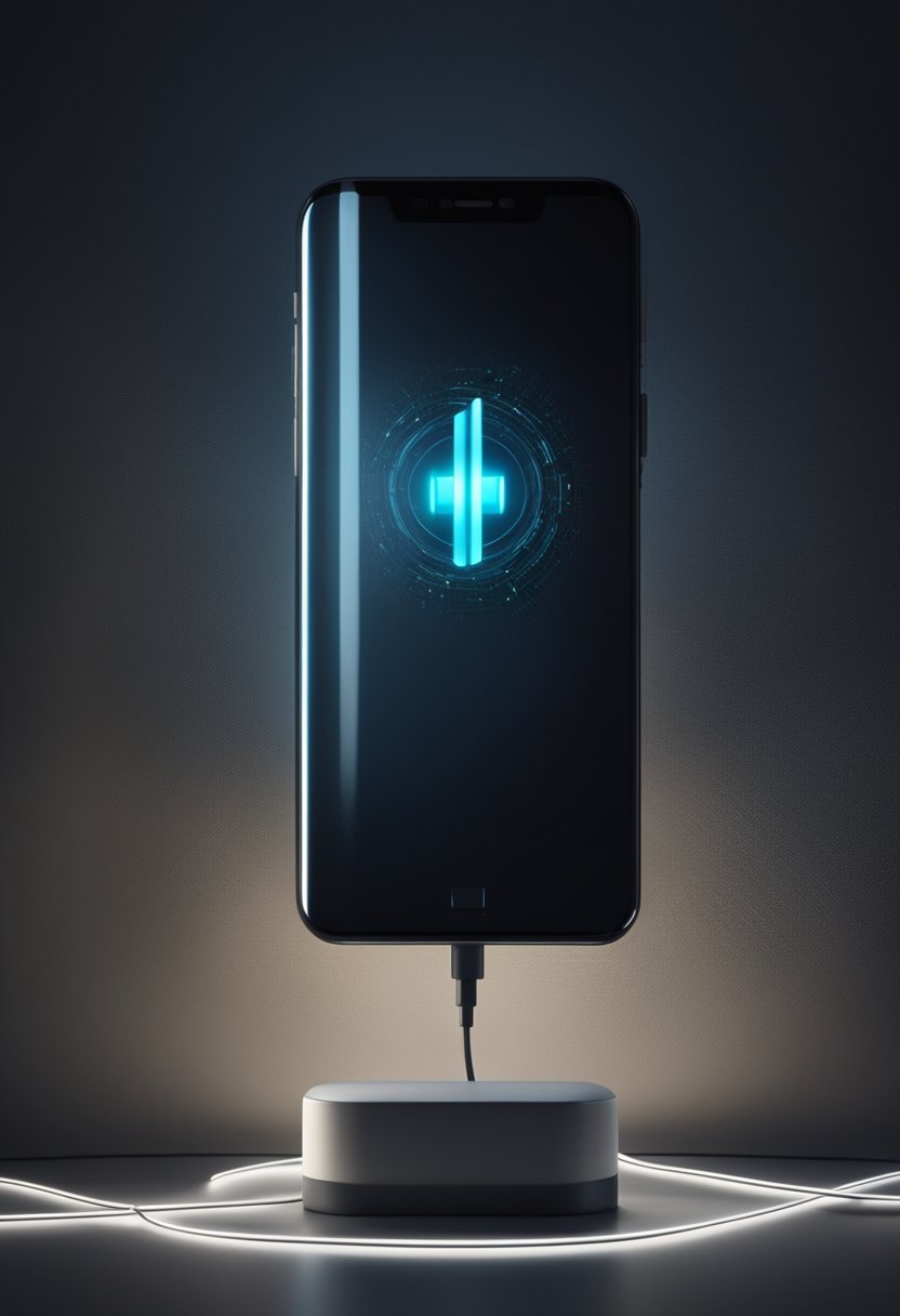 A phone with a dark wallpaper glowing in a dimly lit room, surrounded by charging cables and a battery icon showing full charge