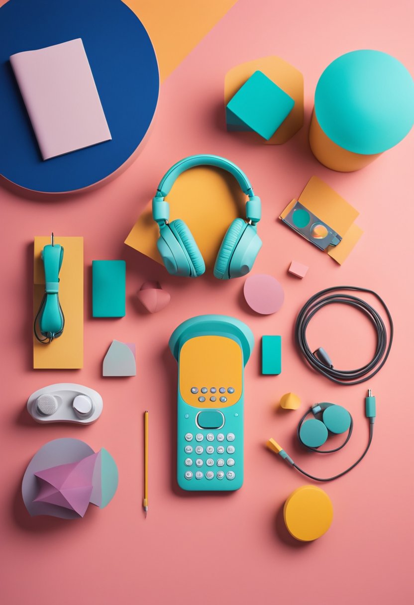 A phone with a vibrant, warm-colored wallpaper surrounded by calming, cool-colored objects, creating a contrast in psychological effects