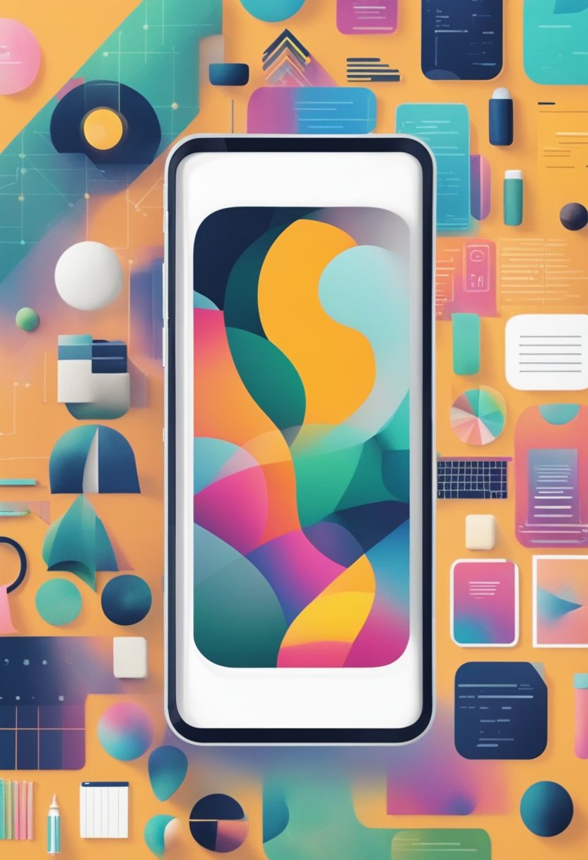 A smartphone with a vibrant and calming wallpaper, surrounded by color psychology research materials and case studies