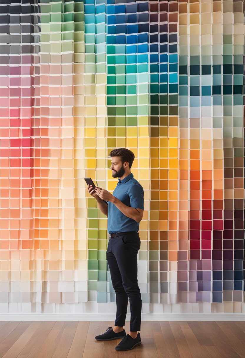 A person stands in front of a wall of colorful wallpaper swatches, carefully considering the impact of each color on their phone's wallpaper