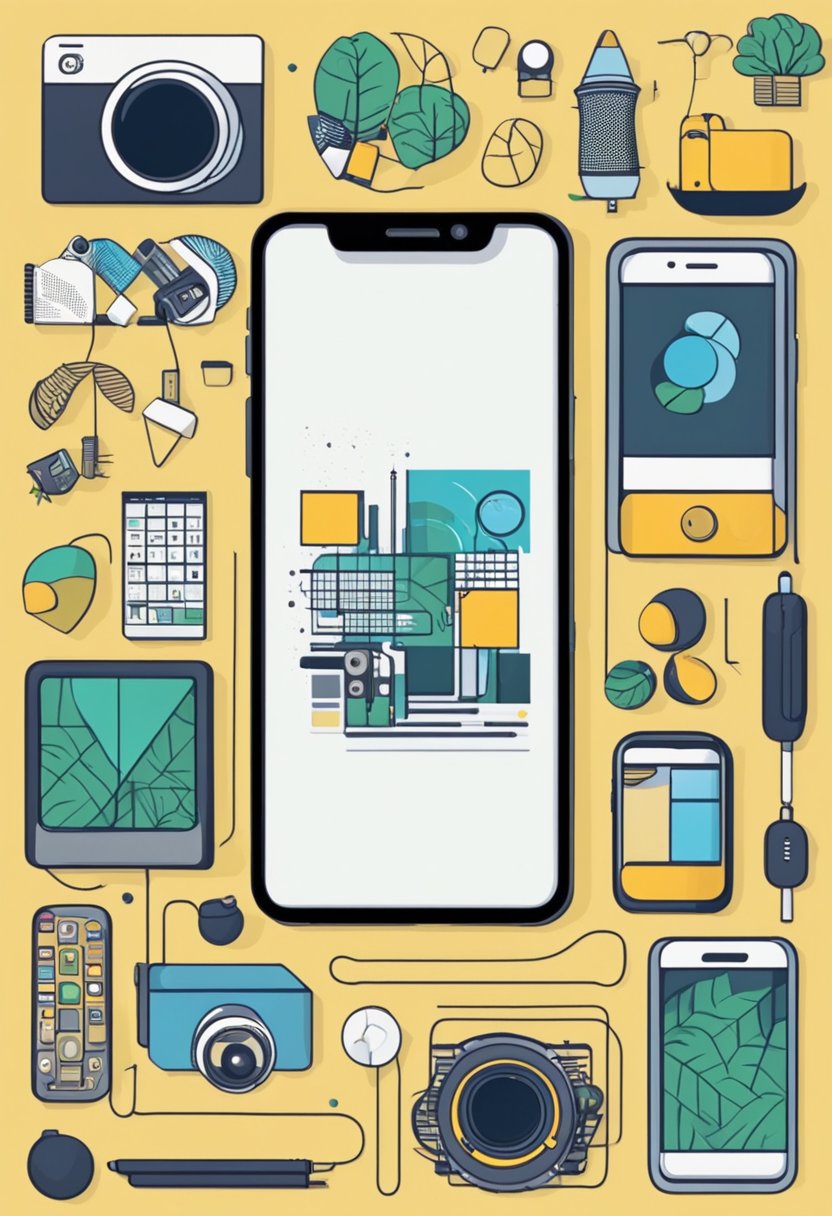 A smartphone surrounded by various objects representing different themes, such as nature, technology, and art, arranged in a visually pleasing and curated manner