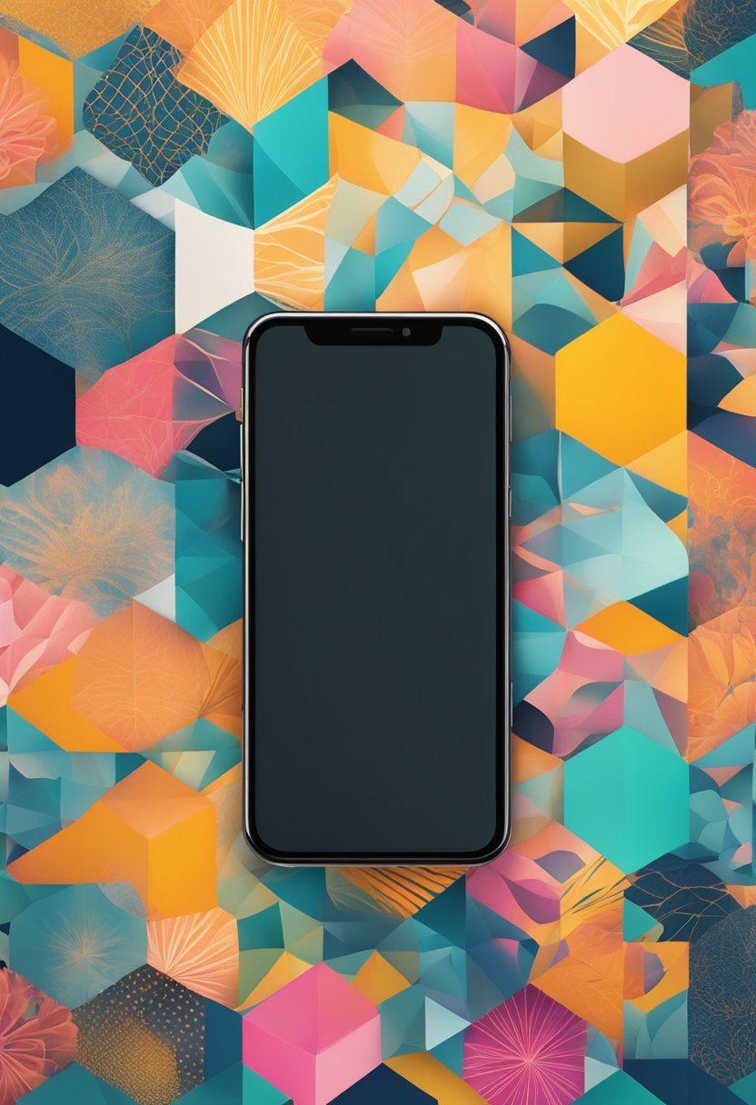 A phone with a changing wallpaper display, transitioning from vibrant floral patterns to bold geometric designs, reflecting the power of seasonal patterns