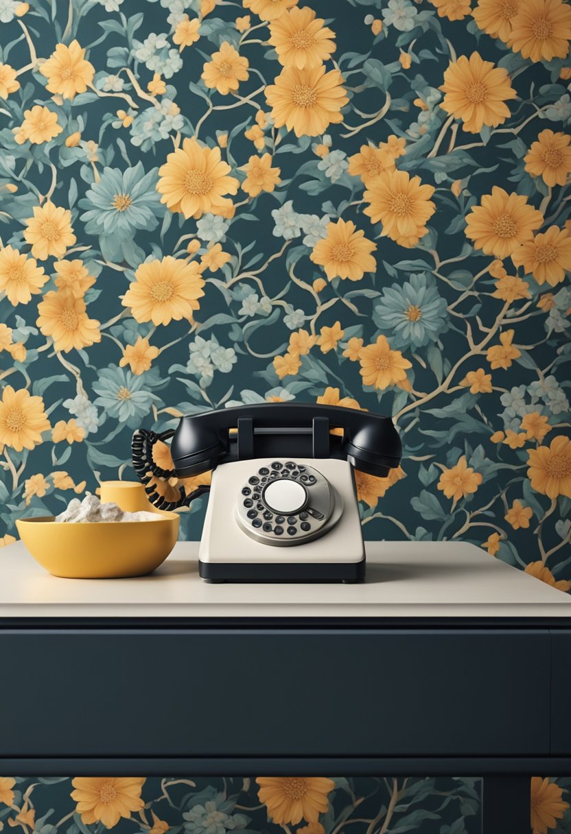 A phone with a bold patterned wallpaper sits on a table against a backdrop of coordinating wallpaper, creating a visually striking and harmonious scene