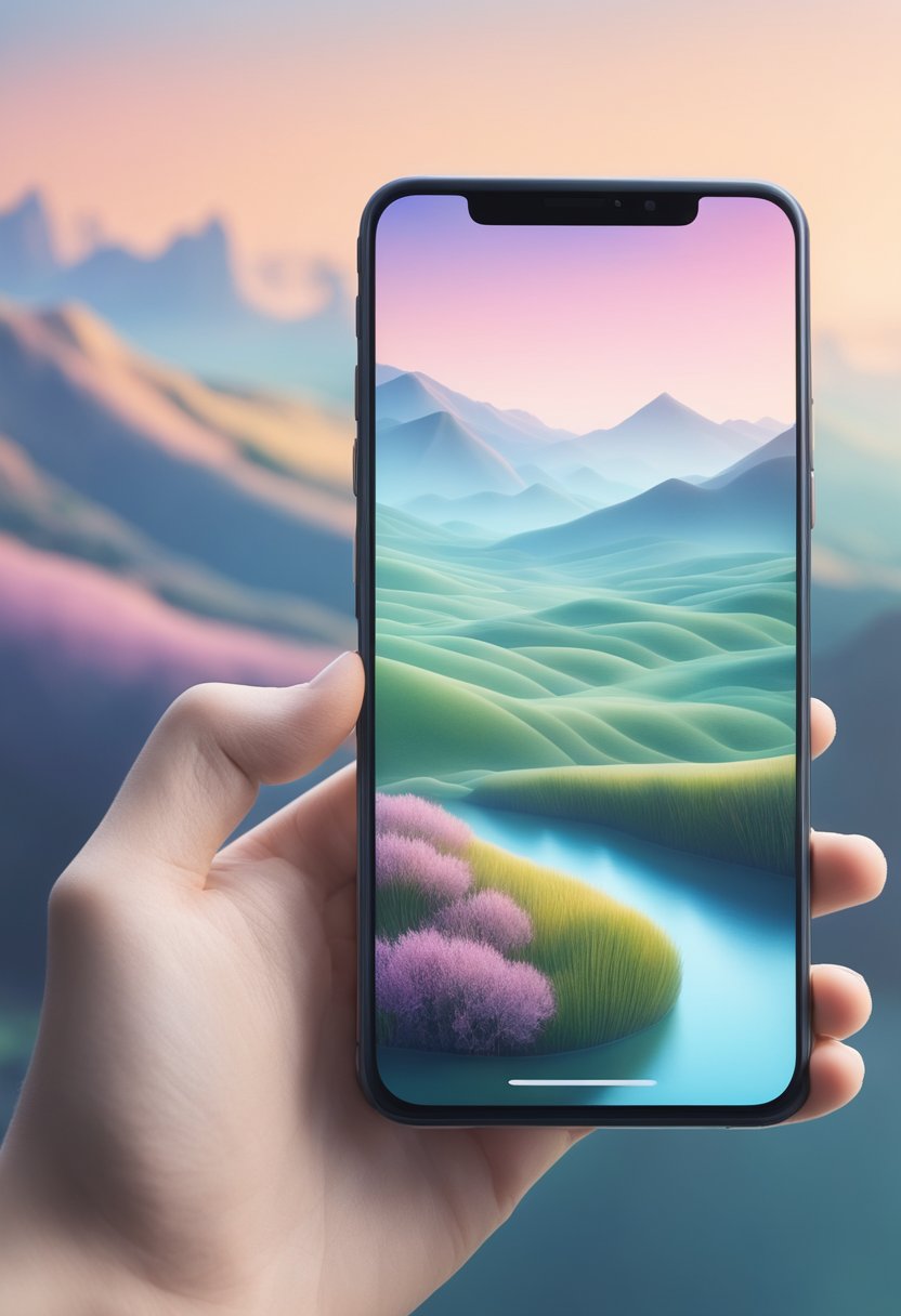 A serene landscape with soft, pastel colors and gentle, flowing lines. A phone displaying a calming nature scene as its wallpaper